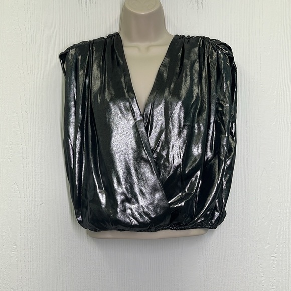 Express - NWT Metallic Silver Surplice Crossover Sleeveless Blouse Size Small - Picture 2 of 9
